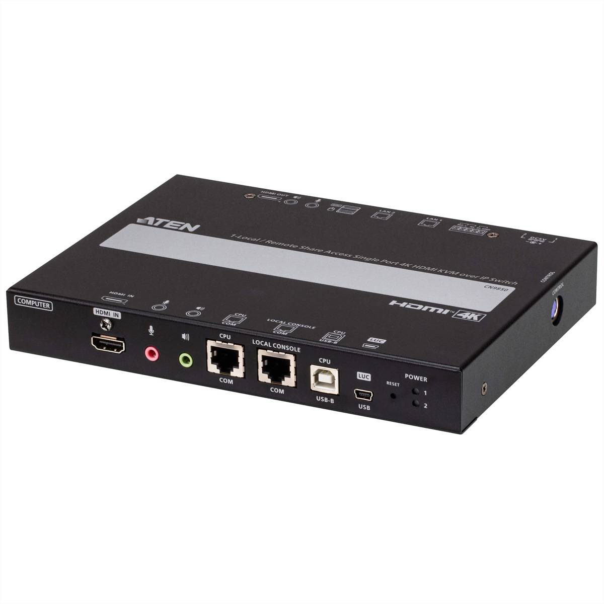 Schwarze ATEN HDMI 4K KVM-Schalterbox mit vorderen Anschlüssen für Computer, HDMI, Audio, seriell, lokale Konsole, USB und Stromversorgungsstatus-Leuchten.