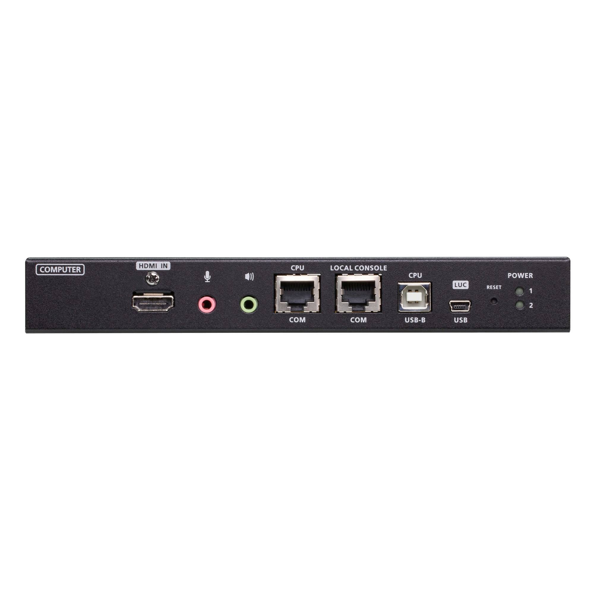 Frontplatte eines schwarzen KVM-Schalters mit HDMI-Eingang, Audiobuchsen, CPU- und lokalem Konsolenports, USB-Anschlüssen, Reset- und Stromversorgungsindikatoren.