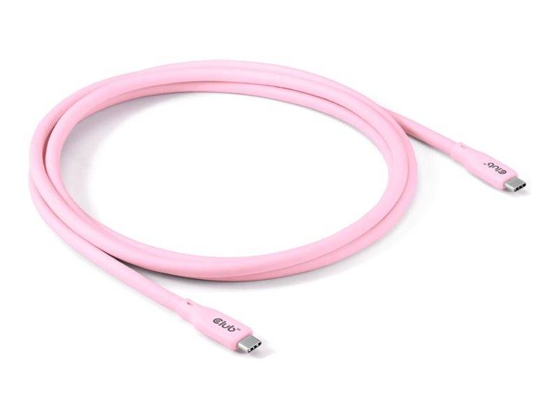 Rosa USB-C-Ladekabel aufgerollt auf weißem Hintergrund, mit sichtbaren Steckern an beiden Enden.