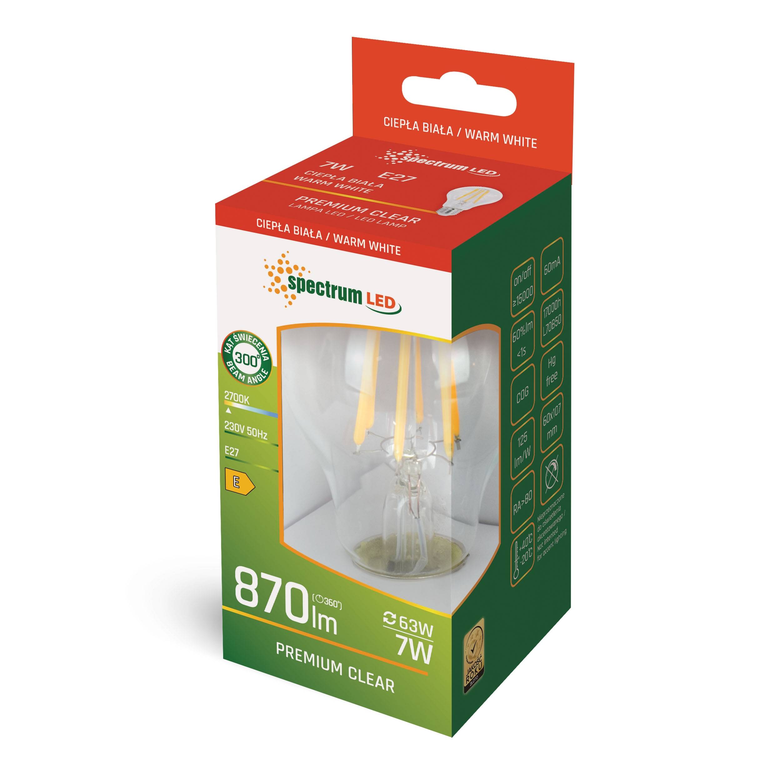 Spectrum LED E27 A60 Birnenform Filament klar 7W = 63W 230V 870lm 300° Warmweiß 2700K