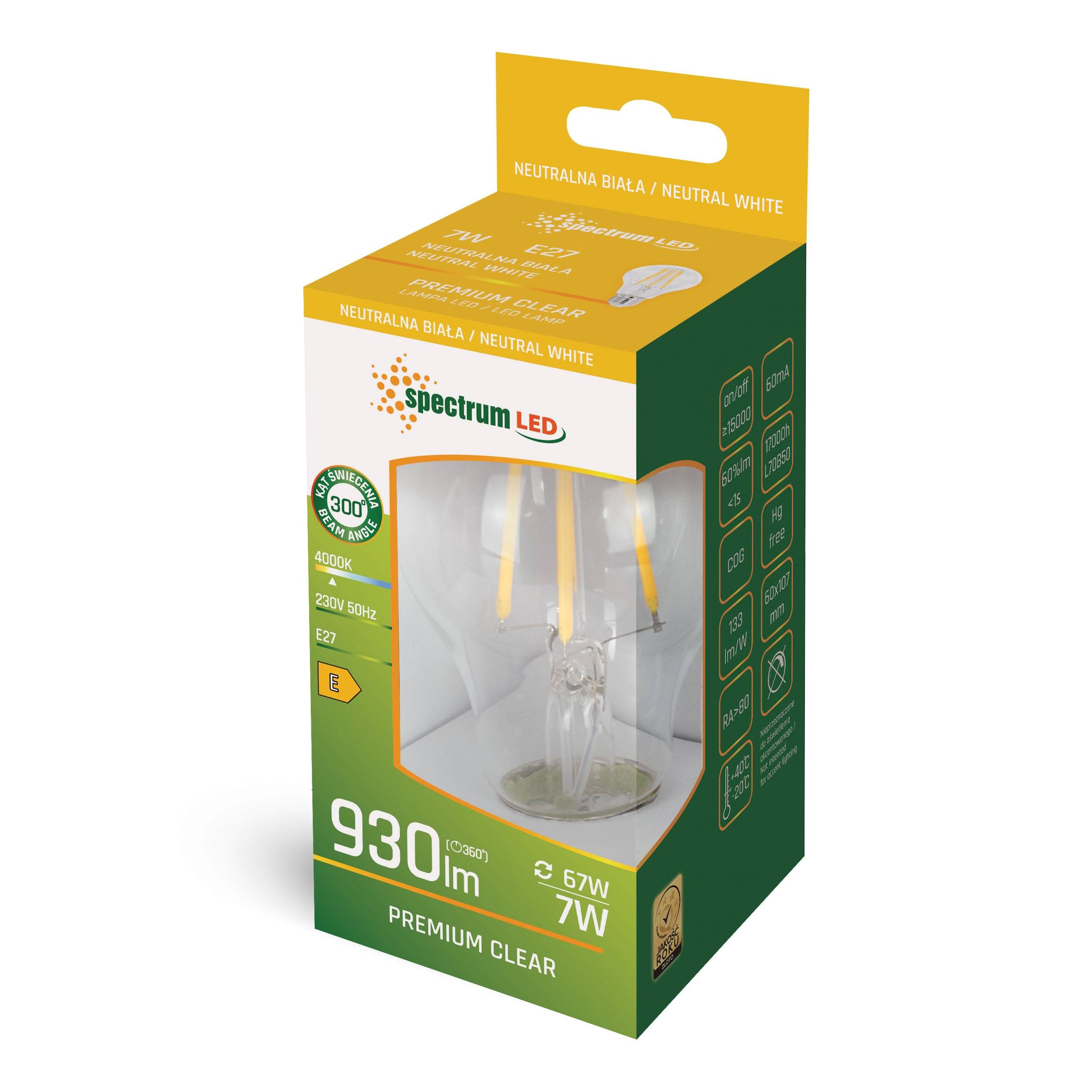 Spectrum LED E27 A60 Birnenform Filament klar 7W = 67W 230V 930lm 300° Neutralweiß 4000K