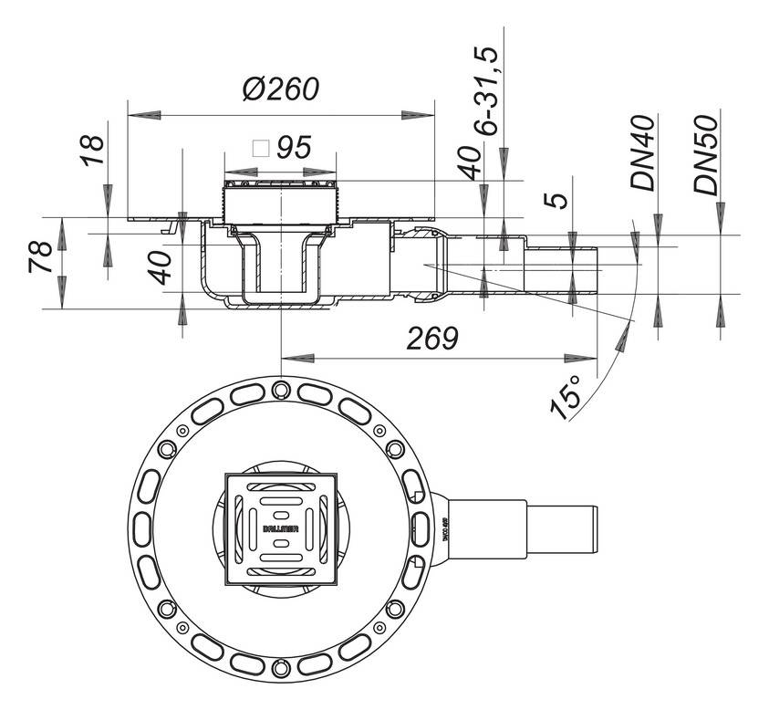 Technische Zeichnung einer Bodenablaufarmatur, die Seiten- und Draufsichten mit Abmessungen zeigt, einschließlich Ø260, 269, DN40/DN50 und 95 mm.