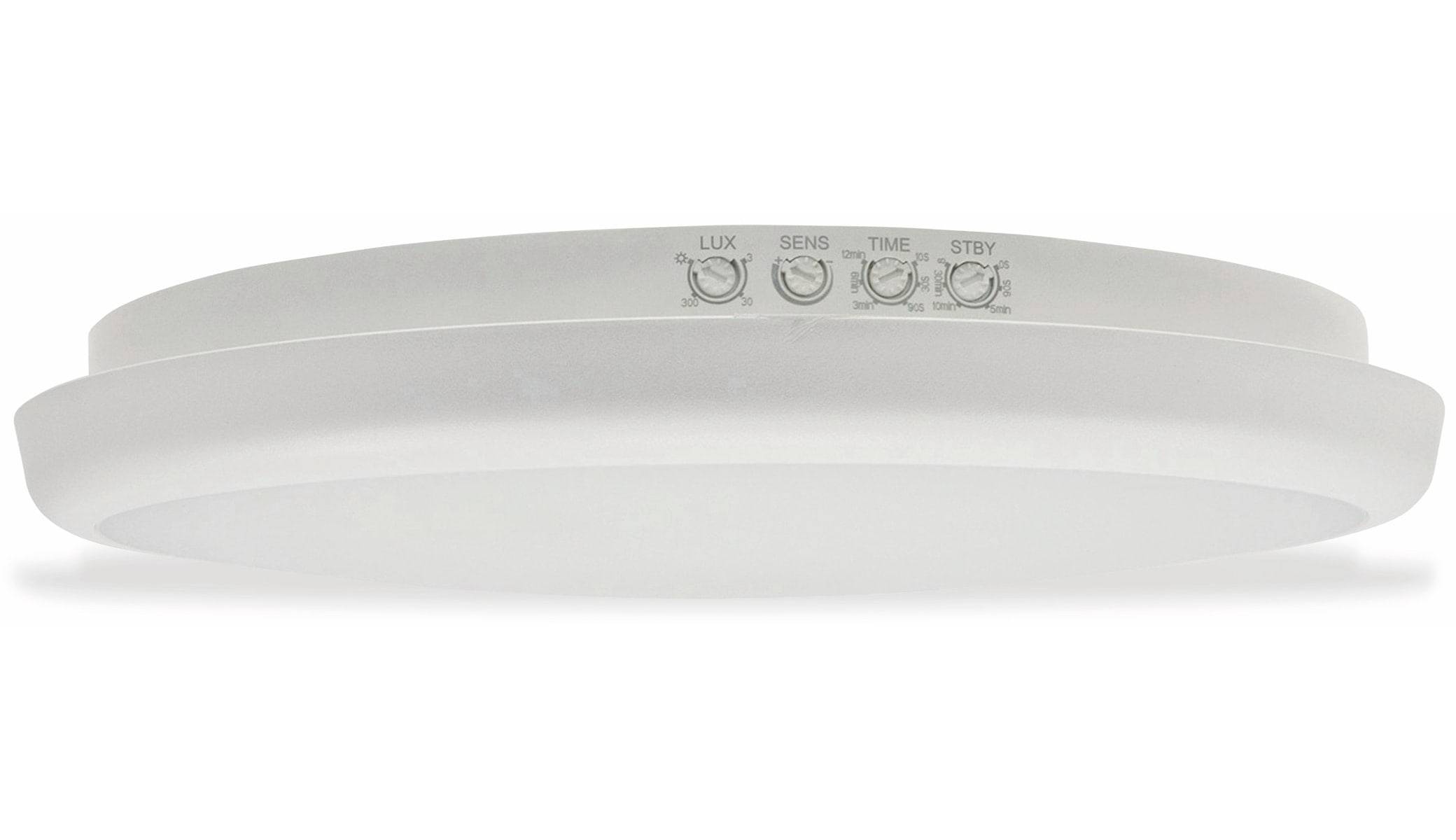 Nahaufnahme einer weißen, an der Decke montierten Bewegungsmelder-Leuchte mit verstellbaren Drehknöpfen für Lichtstärke, Empfindlichkeit, Zeit- und Standby-Modus-Einstellungen.