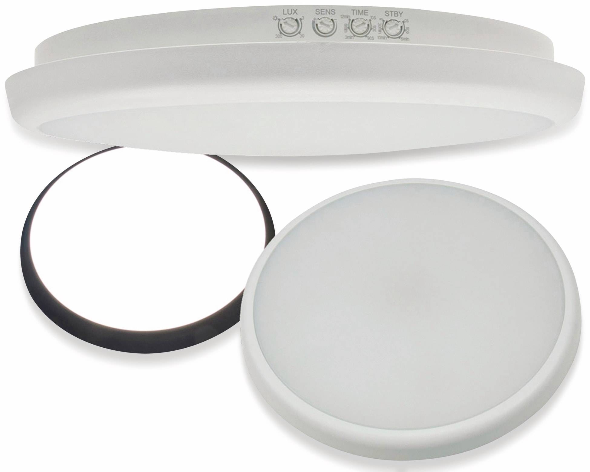 Runde Deckenleuchte mit Einstellreglern für „LUX