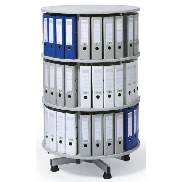 Dreiteiliger rotierender Dateiorganizer gefüllt mit assortiertem Ringordnern in Blau, Grau und Weiß.