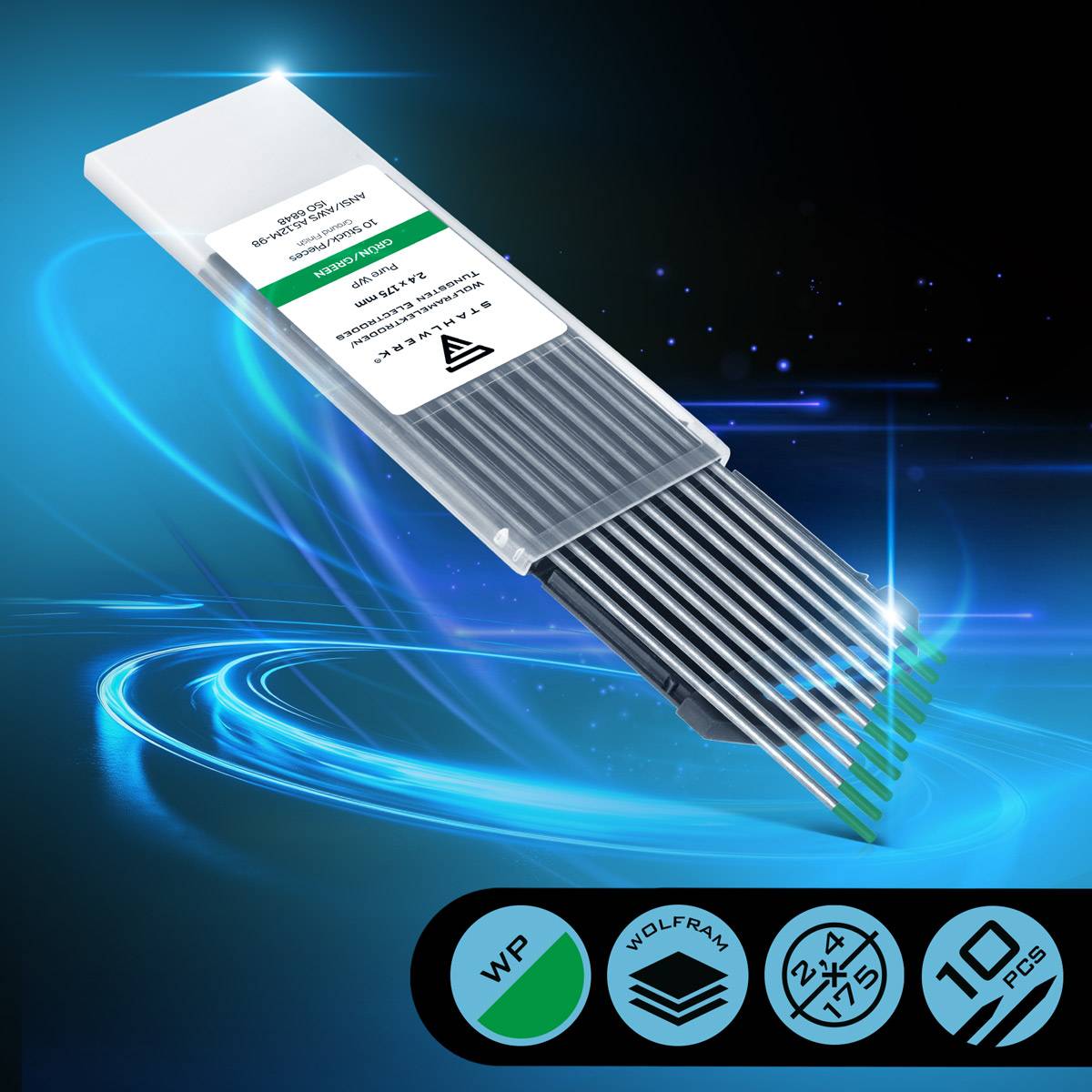 STAHLWERK Wolframelektroden / Schweißelektroden WP Grün 2,4 mm x 175 mm 10er Set