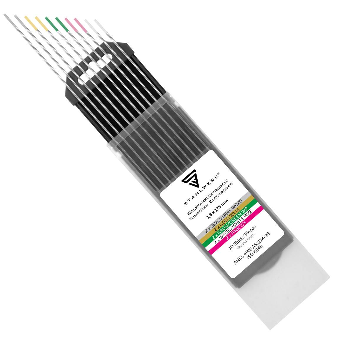 STAHLWERK Wolframelektroden Gold, Grau, Pink, Weiß, Grün 1,6 mm je 2 im 10er Set