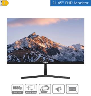 Ein Monitor mit schmalen Rändern, der eine verschneite Berglandschaft anzeigt. Icons darunter heben die Auflösung von '1080p' und das 'Narrow Border'-Design hervor.