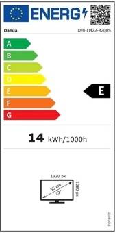 Energieeffizienz-Etikett für ein Gerät, eingestuft mit E bei einem geschätzten Verbrauch von 14 kWh pro 1000 Stunden. Skala von A (am effizientesten) bis G.