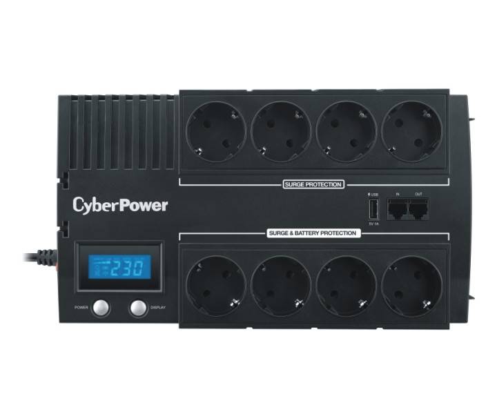 CyberPower USV-Gerät mit digitalem Display und 8 Steckdosen, gekennzeichnet für Überspannungs- und Batterieeschutz.