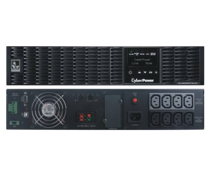 Vorder- und Rückansichten einer CyberPower-Rackmount-Unterbrechungsfreie Stromversorgung mit Steuerungsanzeige, Kühlventilator, Batteriebereich und Steckdosengruppen.