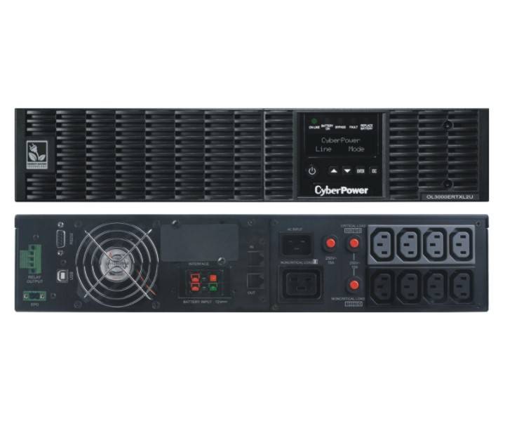Vorder- und Rückansicht einer CyberPower-Rack-USV mit Belüftung, Anzeigetafel, Kühlventilator und mehreren Steckdosensockeln.