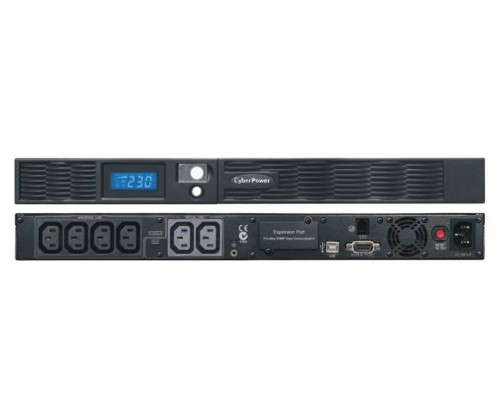 Vorder- und Rückansicht einer CyberPower Rack-UPS mit digitaler Anzeige, Steckdosen, Kühlventilator und Netzschalter.