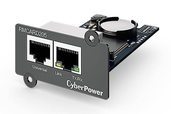 CyberPower RMCARD205 Netzwerkverwaltungskarte mit zwei Ethernet-Anschlüssen und Status-Anzeige-LEDs auf weißem Hintergrund.