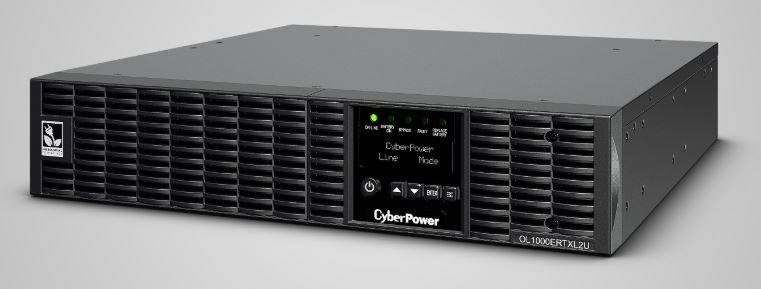 Schwarze CyberPower-Rackmount-Unterbrechungsfreie-Stromversorgungsanlage, von vorne gezeigt, mit Statusanzeige und Bedienfeld in der Mitte der Vorderseite.