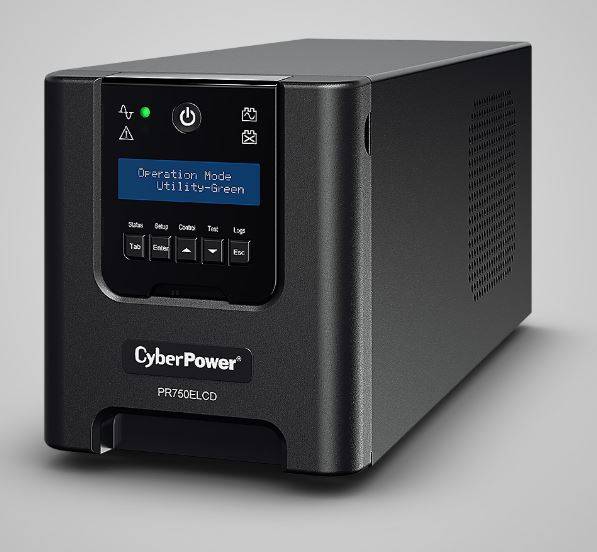 Schwarze CyberPower PR750ELCD unterbrechungsfreie Stromversorgung mit vorderem LCD-Display und Steuertasten auf grauem Hintergrund