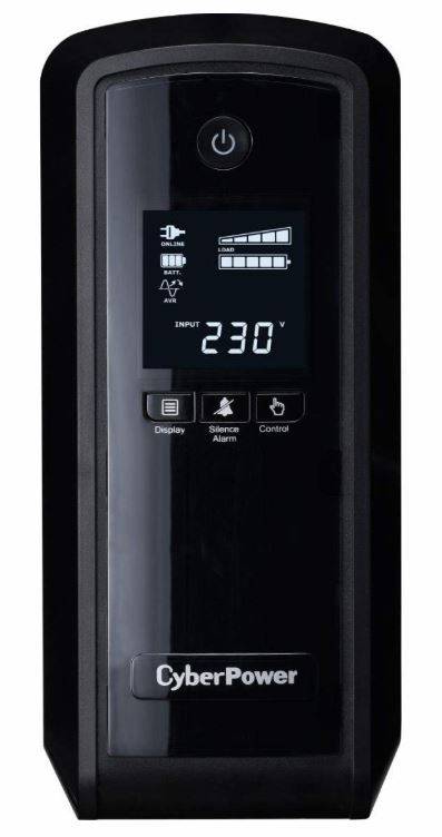 CyberPower USV-Frontblende zeigt Stromstatus, Batterieladung und Eingangsspannung „230V