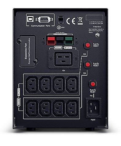 Rückseite einer USV mit Kommunikationsanschlüssen, mehreren Stromausgängen, Leistungsschalter und roten Zurücksetztasten für Ausgabeschutz.