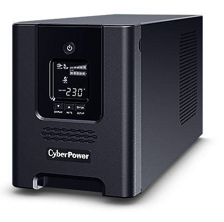 Schwarze CyberPower-USV mit digitalem Frontdisplay, das 230V und Stromregler anzeigt.