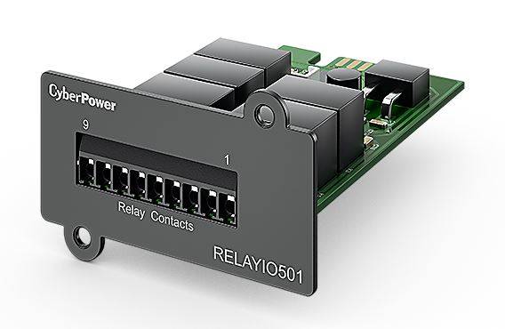 CyberPower RELAYIO501 Relaiskonaktmodul mit neun nummerierten Anschlüssen auf einer Leiterplatte