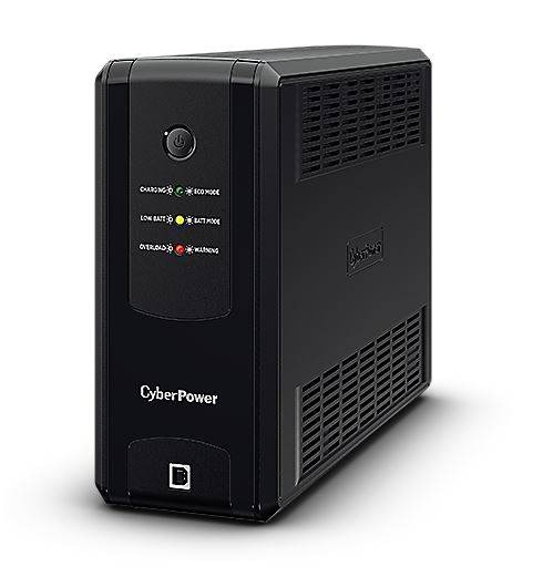 Schwarzes CyberPower-Notstromversorgungsgerät mit vorderer Stromtaste und Statusleuchten für Laden, Batterie und Überlast.