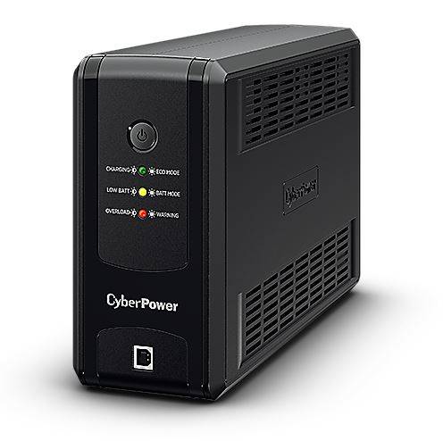 Schwarzes CyberPower unterbrechungsfreies Stromversorgungssystem mit Stromschalter, Statusleuchten und USB-Anschluss an der Vorderseite, dargestellt auf weißem Hintergrund.