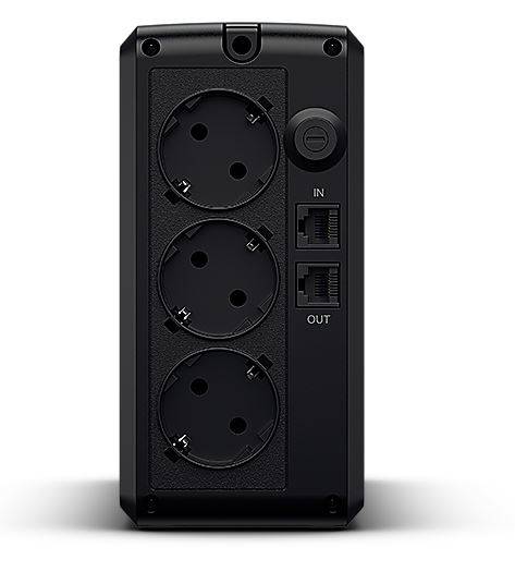 Schwarze Steckdosenleiste mit drei Steckdosen und zwei Ethernet-Anschlüssen mit den Beschriftungen 