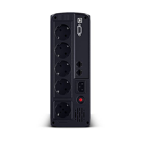 Rückansicht einer schwarzen unterbrechungsfreien Stromversorgung mit fünf Stromausgängen, USB- und Serienanschlüssen, zwei Netzwerkbuchsen, einem Netzschalter und einer Rücksetztaste.