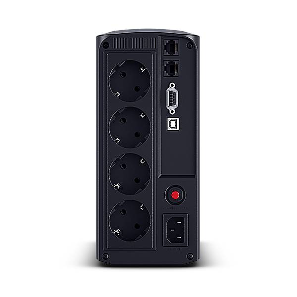 Rückseite einer USV mit vier Stromausgängen, zwei Ethernet-Anschlüssen, einem seriellen/USB-Anschluss, einem roten Reset-Knopf und einem Stromeingangsschalter.