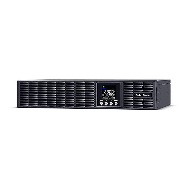 Frontansicht einer CyberPower Rack-Mount-USV auf schwarzem Hintergrund, mit LCD-Display und Lüftungsgitter.