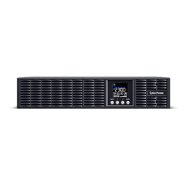 Vorderansicht einer CyberPower-Rack-Unterbrechungsfreie Stromversorgung mit einem kleinen digitalen Statusdisplay und vorderen Steuertasten.