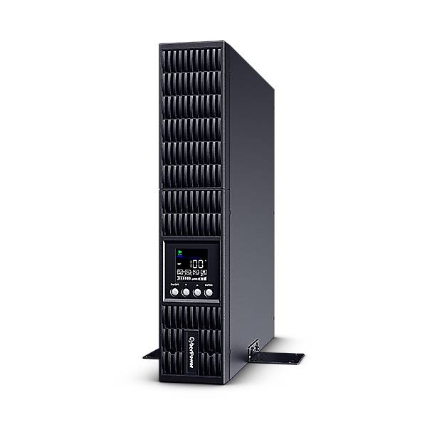 Hoher schwarzer CyberPower Unterbrechungsfreie Stromversorgungsturm mit frontalem LCD-Display und Belüftungsgittern auf schwarzem Hintergrund.