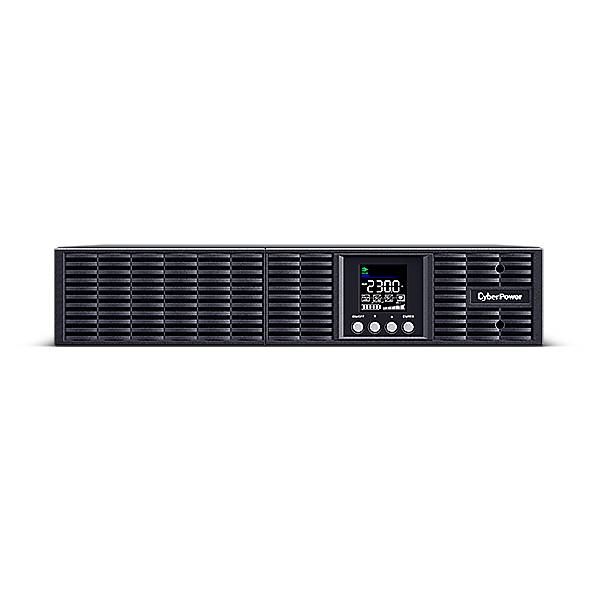 Vorderansicht einer CyberPower Rackmount-USV mit digitaler Anzeige, die 2300 anzeigt, und vier Steuertasten auf schwarzem Hintergrund.