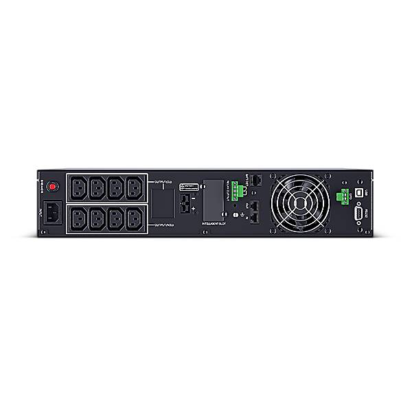 Rückansicht eines Rack-montierten Stromversorgungsgeräts/USV mit sechs Steckdosen, Statusanschlüssen, Kühlventilator und Stromeinganz auf schwarzem Hintergrund.
