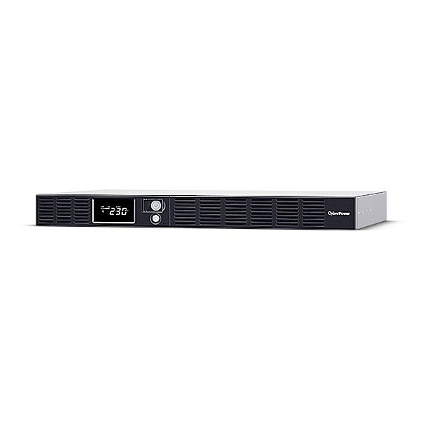 Frontansicht einer schwarzen CyberPower-USV im Rack-Design mit belüfteter Frontblende, kleinem LCD-Display mit der Anzeige 230 und runden Bedienungstasten.