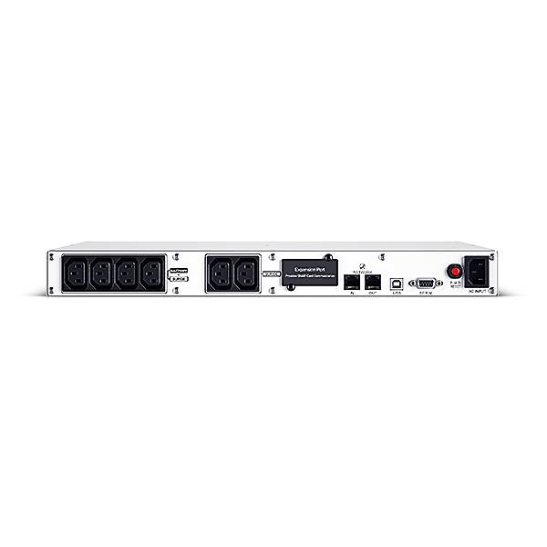 Rückseite einer Expanse Pro Stromverteilungseinheit mit mehreren AC-Steckdosen, Ethernet- und USB-Anschlüssen, einem roten Netzschalter und einem AC-Eingabeschalter.