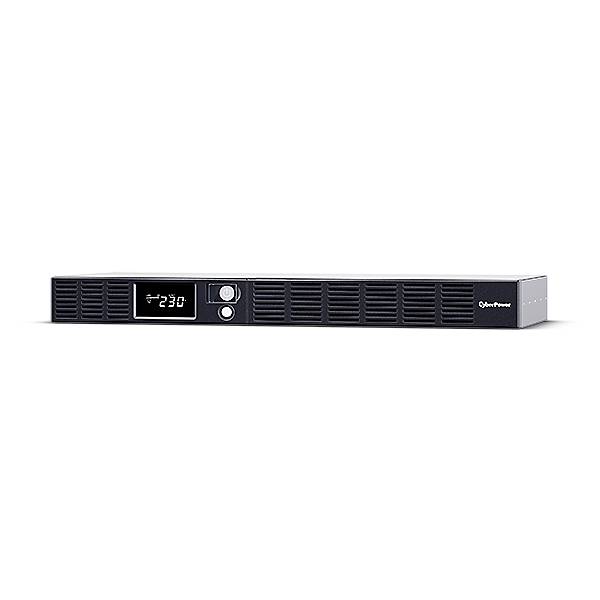 Schwarzes CyberPower Rack-Mount-USV-Frontpanel mit digitaler Batterie-/Lastanzeige und zwei Bedienknöpfen auf schwarzem Hintergrund.