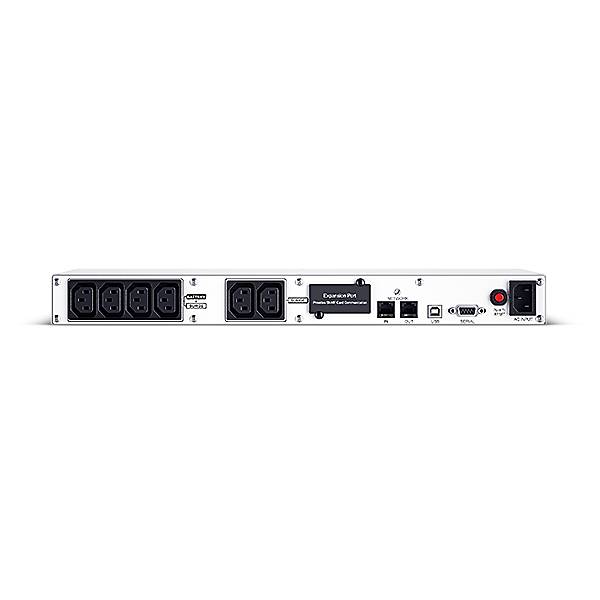 Rückseite einer Rack-Stromversorgungseinheit mit sechs AC-Steckdosen, zwei Eingangssteckern, Netzwerk-/USB-Anschlüssen, Statusleuchten und Netzschalter.