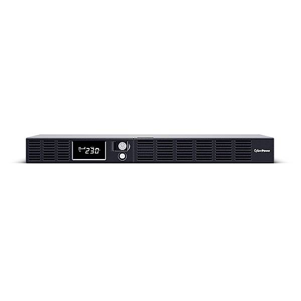 Schwarzer CyberPower-Rack-UPS mit Frontblende und digitalem Display, das 230 anzeigt, sowie zwei Steuerknöpfen