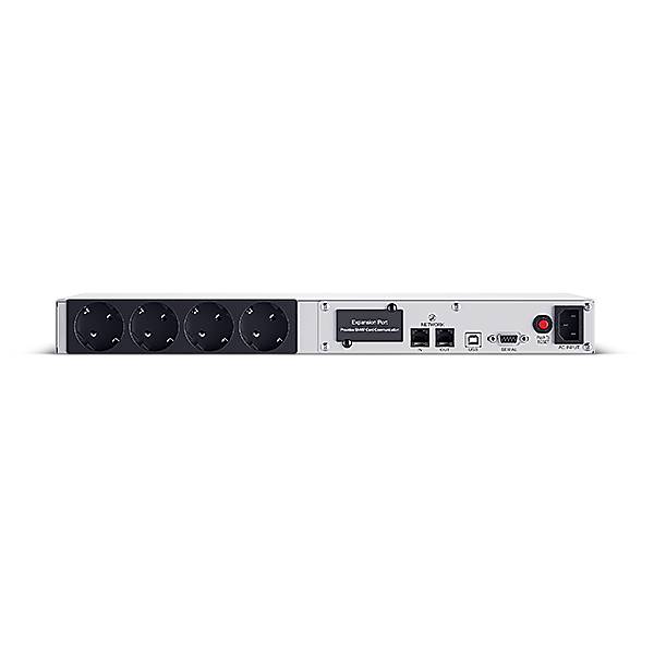 Vorderansicht einer in ein Regal einbaubaren Stromverteilungseinheit mit vier Steckdosen, einer LCD-/Statusanzeige, Netzwerkports, einer Reset-Taste und einem Ein-/Ausschalter.