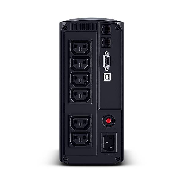 Rückseite einer USV mit sechs AC-Steckdosen, zwei Ethernet-Anschlüssen, USB- und Seriellen Anschlüssen, einem roten Reset-Button und einem Stromschalter.