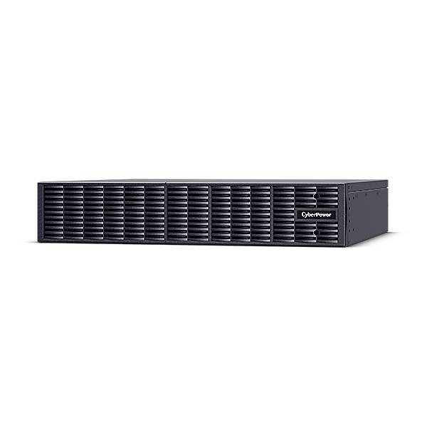 Vorderansicht einer schwarzen CyberPower-Rack-Server- oder USV-Einheit mit Lüftungsgitter und Logo auf einfachem schwarzem Hintergrund.