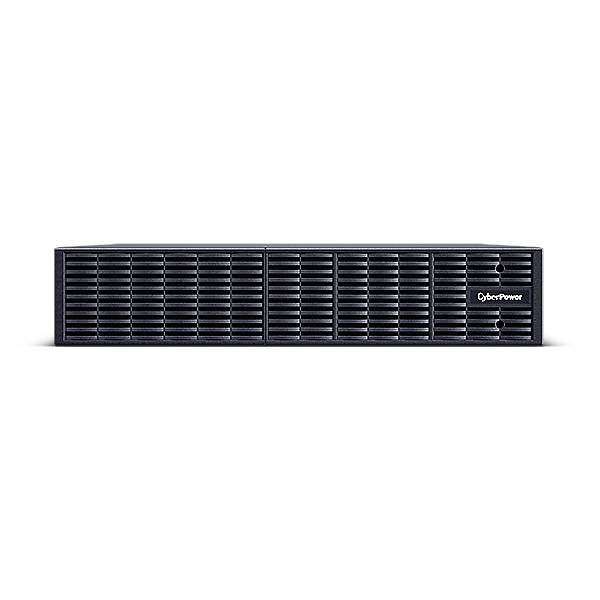 Vorderansicht einer CyberPower Rack-Mount-USV oder eines Stromverteilungsgeräts mit schwarzem Lüftungsgitter auf schwarzem Hintergrund.