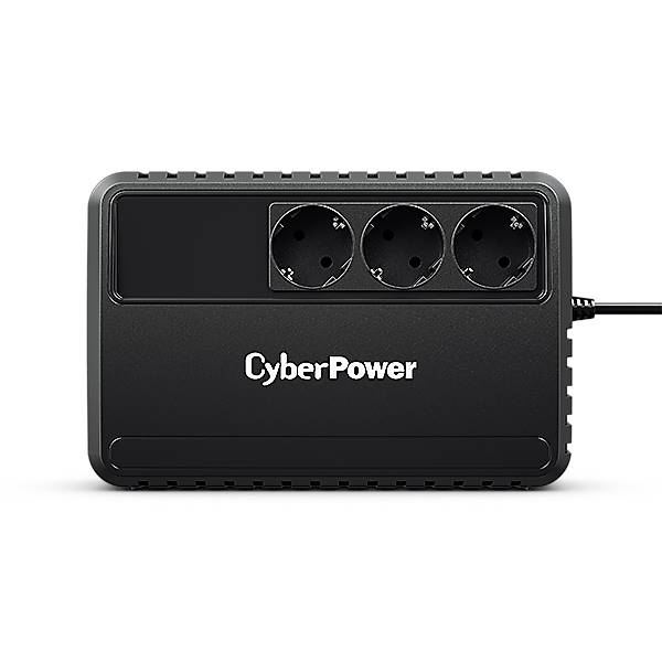 Schwarzer CyberPower Batterieausfallschutz oder Überspannungsschutz mit drei runden Steckdosen und einem eingesteckten Kabel auf schwarzem Hintergrund.