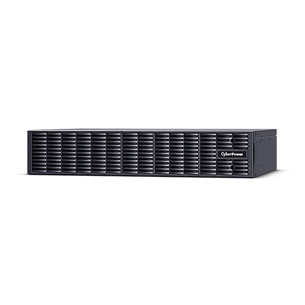 Frontansicht einer schwarzen CyberPower-Rackmount-Server-/USV-Einheit mit Lüftungsgittern auf einem schlichten schwarzen Hintergrund.