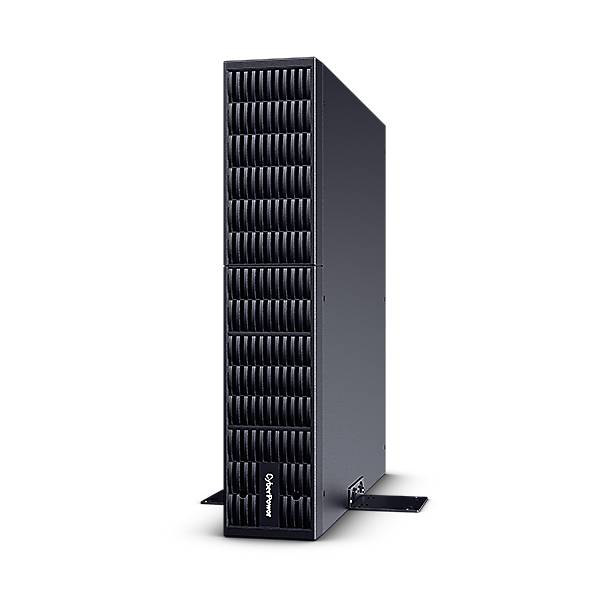 Ein hohes schwarzes Server-Rack-Schrank mit belüfteten Frontpaneelen, gezeigt auf einem schlichten dunklen Hintergrund.