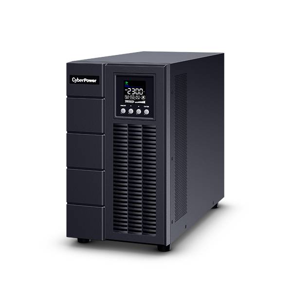 CyberPower Unterbrechungsfreie Stromversorgung Turm mit vorderer LCD-Anzeige und Bedientasten auf schwarzem Hintergrund.