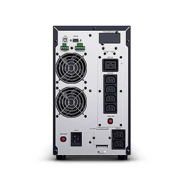 Rückseite einer Stromversorgungseinheit mit zwei Kühlventilatoren, mehreren Wechselstromsteckdosen, Steuerungsanschlüssen, Schaltern und einem roten Reset-Knopf.