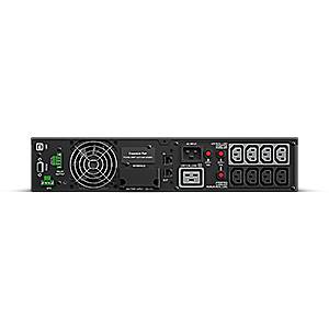 Rückseite eines elektronischen Geräts mit Kühlventilator, Stromeingang, Statusleuchten, USB-Anschlüssen und mehreren Ausgangsbuchsen.