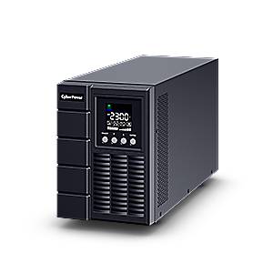 Schwarze CyberPower unterbrechungsfreie Stromversorgungsanlage mit frontalem Display und Bedientasten, vor schwarzem Hintergrund gezeigt.
